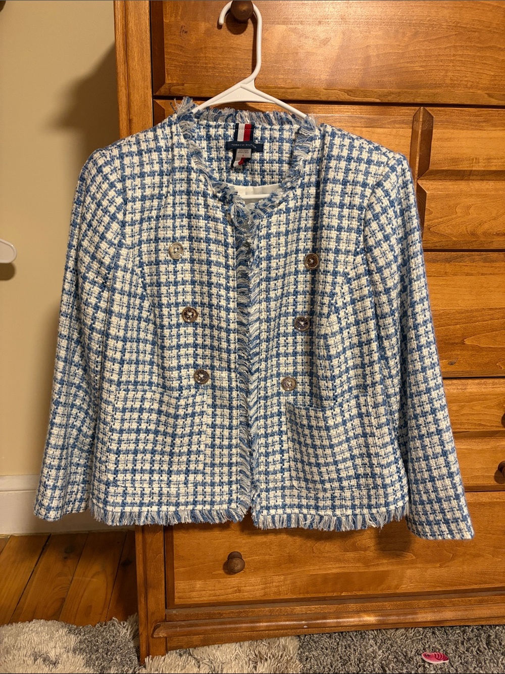 Tommy Hilfiger Blue and White Tweed Double-Breasted Jacket